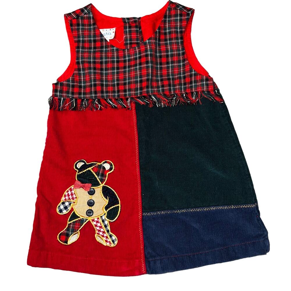 Vintage Samara Color Block Christmas Plaid Teddy bear toddler dress size 18 mo